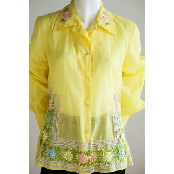 Vintage 70s Yellow Floral Embroidered Long Sleeve button down  Blouse Top S - Picture 3 of 9